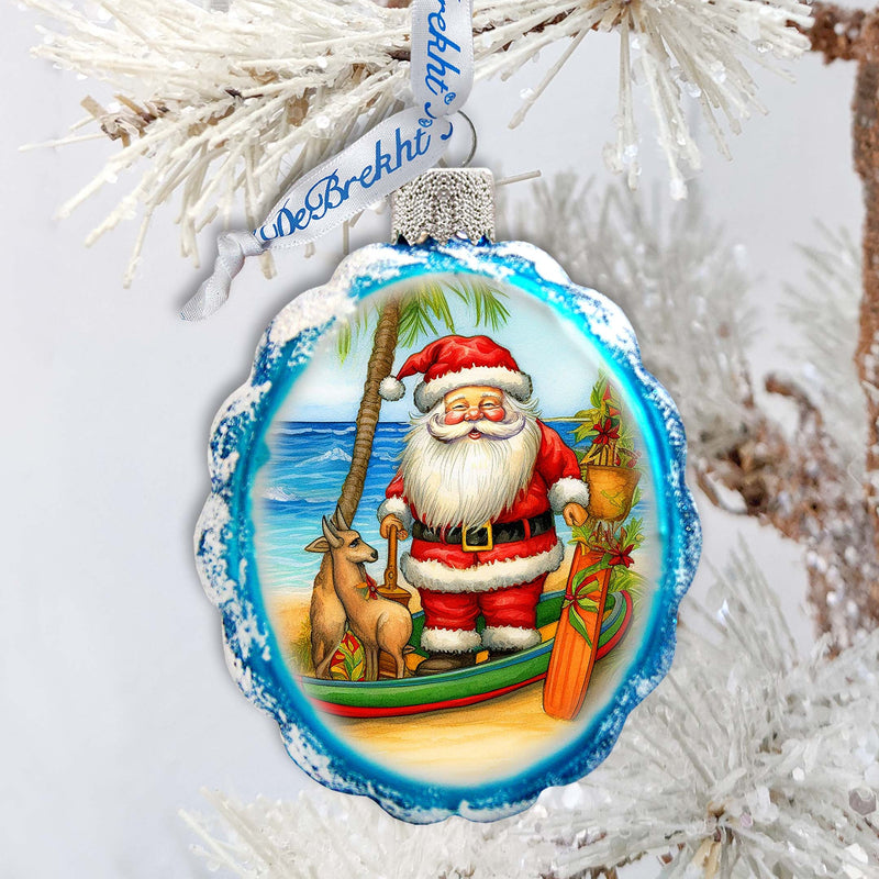 Holiday Coastal Décor - Surfer Santa on the Beach Keepsake Glass Ornaments by G. Debrekht - Christmas Décor