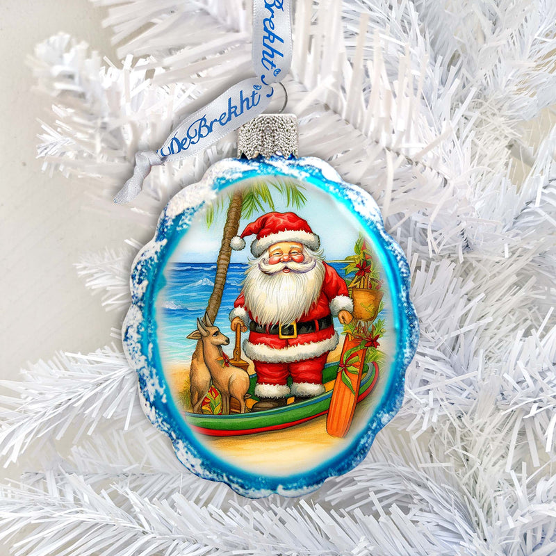 Holiday Coastal Décor - Surfer Santa on the Beach Keepsake Glass Ornaments by G. Debrekht - Christmas Décor