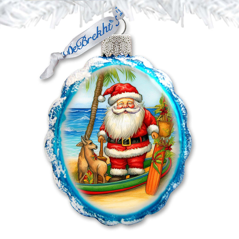 Holiday Coastal Décor - Surfer Santa on the Beach Keepsake Glass Ornaments by G. Debrekht - Christmas Décor
