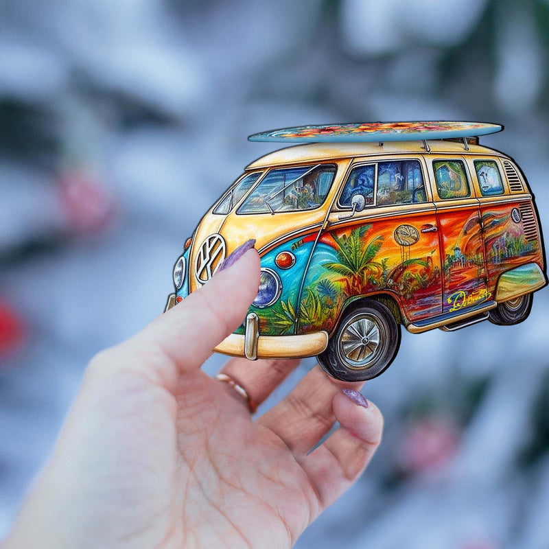 Beach Themed Ornaments - Hippie Van Wooden Ornaments by G.Debrekht Coastal Holiday Decor