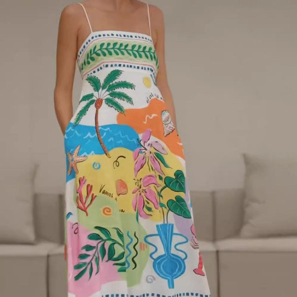 Tropical Multicolor Print Spaghetti Strap Maxi Dress with Pockets
