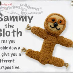 Handmade Sammy the Sloth String Doll Keychain featuring an earthy sloth design with fabric tag and lobster clasp.