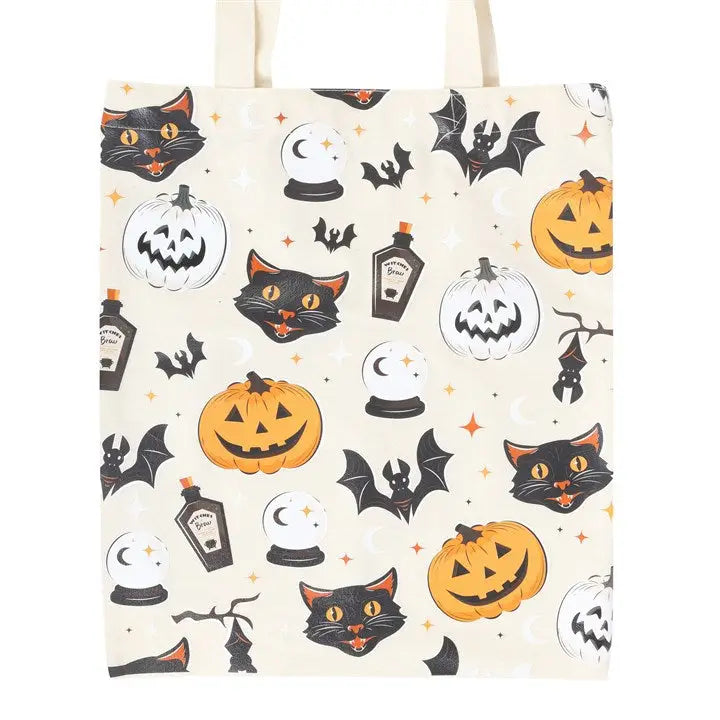 Spooky Cat and Pumpkin Print Halloween Polycotton Tote Bag