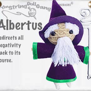 Handmade Albertus String Doll Keychain in purple cloak with wand and lobster clasp.