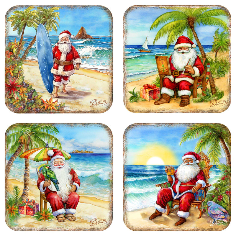 Santa on the Beach Wooden Cork Coasters Gift Set of 4 by G. Debrekht - Christmas Home Decor
