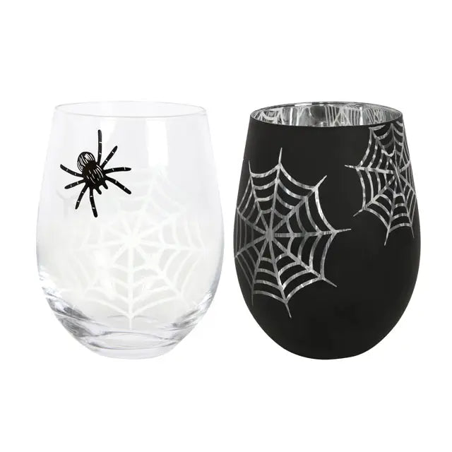 Set of 2 Gothic Spider and Web Stemless Wine Glasses