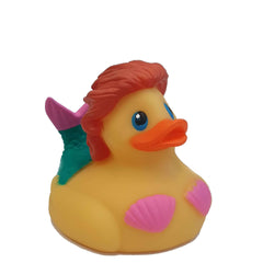 Rubber Duck Mermaid, 4 inches, high-quality non-toxic rubber toy with a traditional duck head and mermaid tail design. Perfect for bath time or poolside fun.