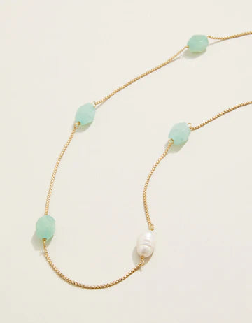 Stone Station Necklace 18" Jade/Pearl