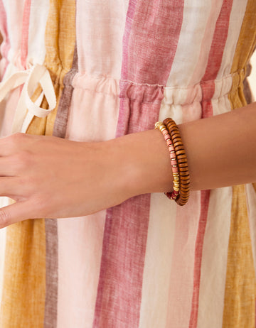  8mm Wood Stretch Bracelet in Brown with natural wood beads and gold-plated accents.