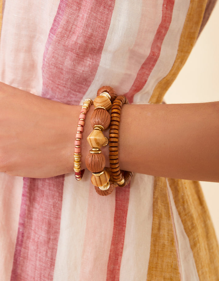  8mm Wood Stretch Bracelet in Brown with natural wood beads and gold-plated accents.