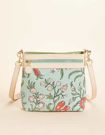 Hipster crossbody bag in Hamilton Floral Block Print with signature linen and Napa leather accents.