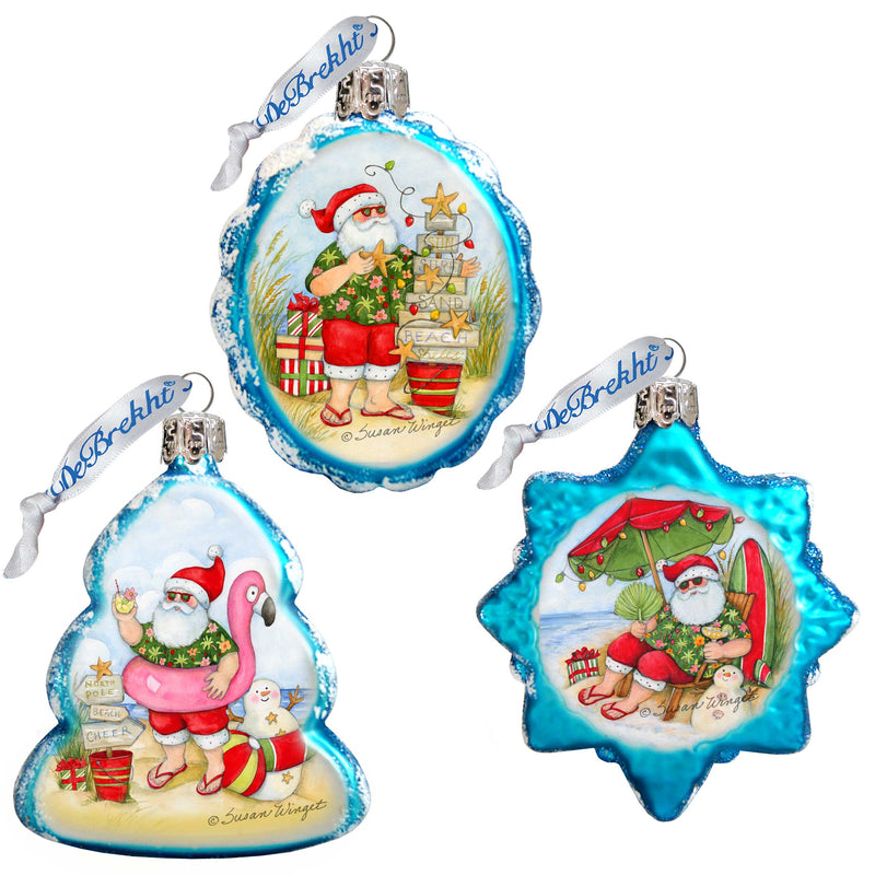 Santa at the Beach Mercury Glass Ornaments Gift Set of 3- Coastal Christmas Boxed Set