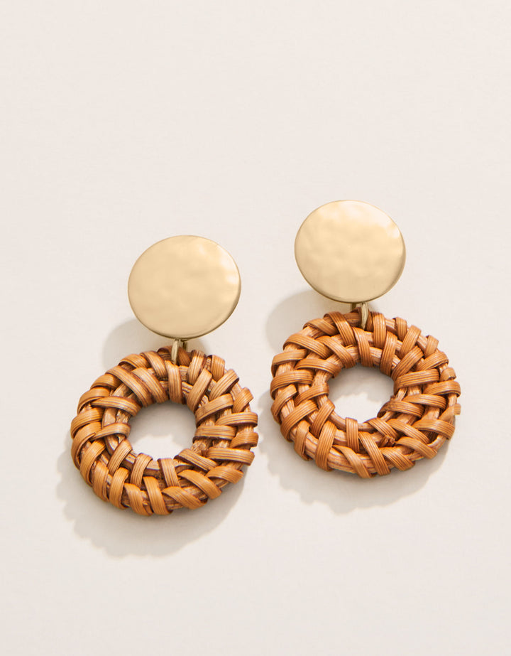 Joanne Wicker Earrings in Brown with woven wicker rings and 18kt matte gold-plated studs.