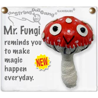 Handmade Mr. Fungi the Mushroom String Doll Keychain featuring a whimsical Fly Agaric-inspired design with a fabric tag and lobster clasp.