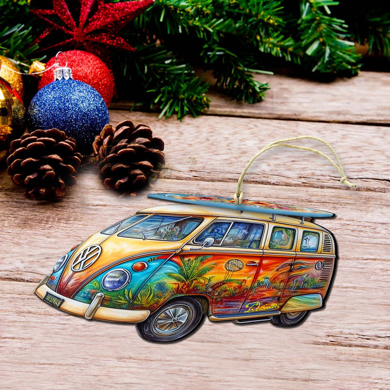 Beach Themed Ornaments - Hippie Van Wooden Ornaments by G.Debrekht Coastal Holiday Decor