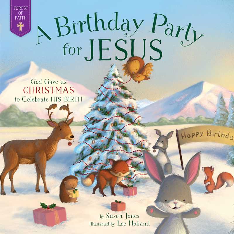 Book cover of 'A Birthday Party for Jesus' with Christmas-themed illustration and text.