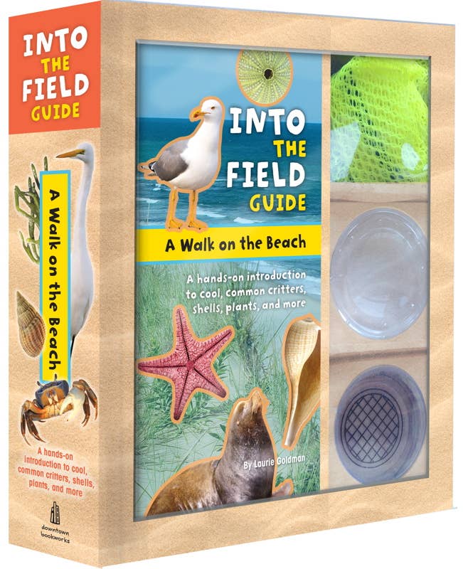 Boxed educational kit titled 'Into the Field Guide: A Walk on the Beach' with nature-themed illustrations.