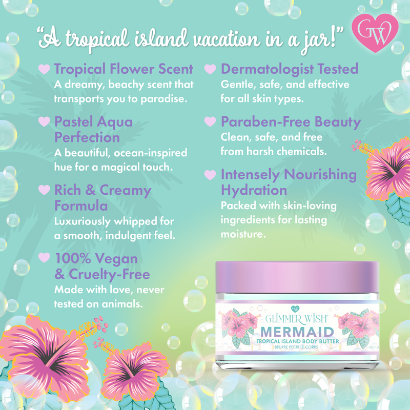 Glimmer & Glow Mermaid tropical island body butter with product details on a colorful background