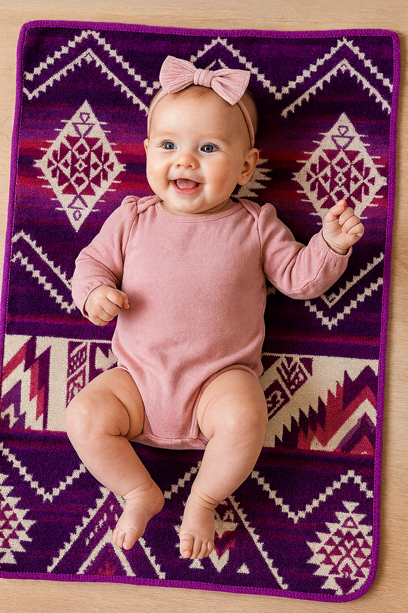 Baby lying on a vibrant Pink/Magenta Alpaca Baby Blanket on a crib or floor, showing the blanket's rich pattern and size.
