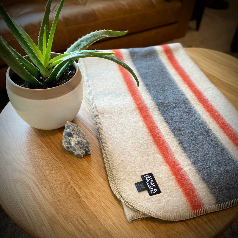 Tan and red alpaca camp throw folded on round wooden table beside potted aloe plant – soft coastal home décor accent