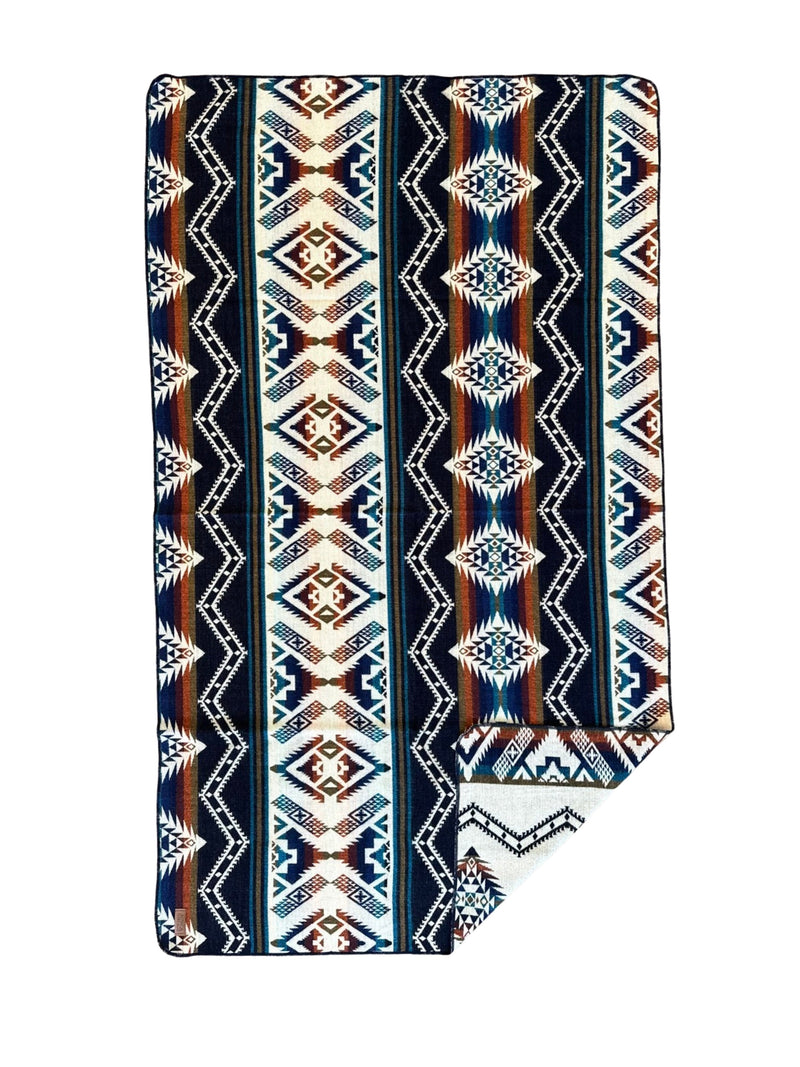Full vertical view of the Rio alpaca throw, showing dense geometric stripes in blue, orange, and cream.