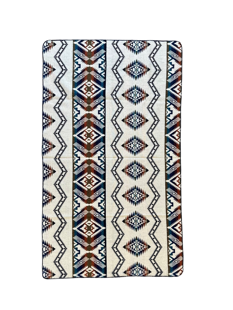 Full vertical view of the Andean Alpaca Throw showing a repeating zigzag geometric stripe pattern in tan, light blue, and cream.