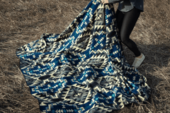 Alpaca wool throw blanket in blue Chakana geometric pattern - Andean home textile