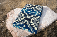 Alpaca wool throw blanket in blue Chakana geometric pattern - Andean home textile
