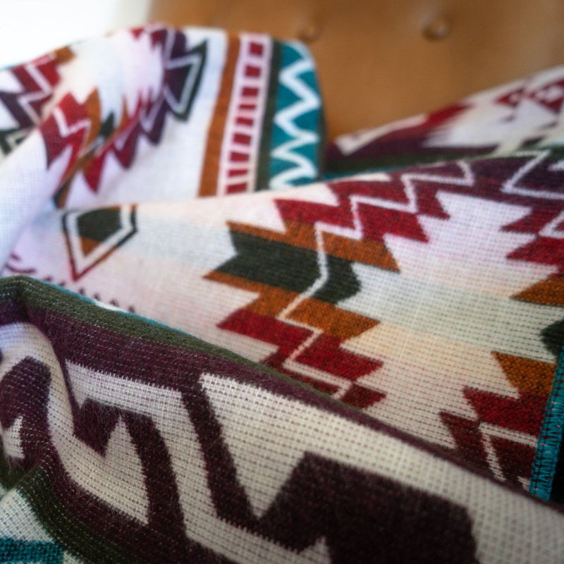 Close-up of colorful Andean alpaca wool blanket featuring intricate geometric tribal patterns in turquoise, burgundy, and earthy tones – artisan textile detail