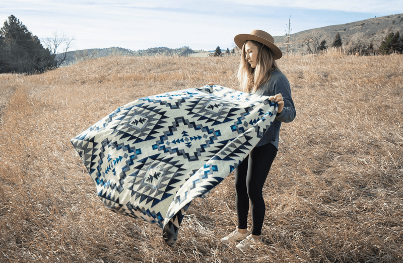 Alpaca wool throw blanket in blue Chakana geometric pattern - Andean home textile