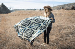 Alpaca wool throw blanket in blue Chakana geometric pattern - Andean home textile