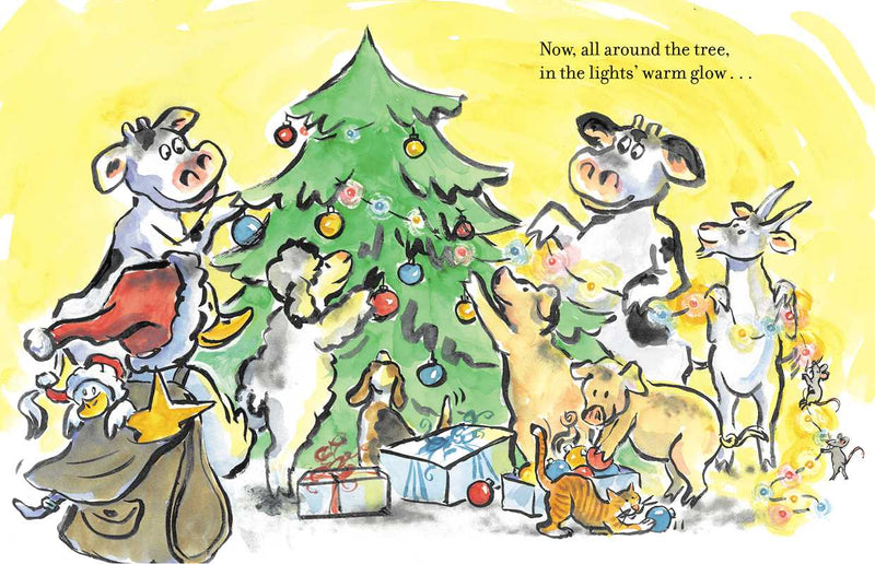 Illustration of animals decorating a Christmas tree with a yellow background