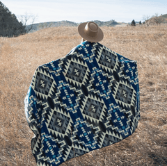 Alpaca wool throw blanket in blue Chakana geometric pattern - Andean home textile