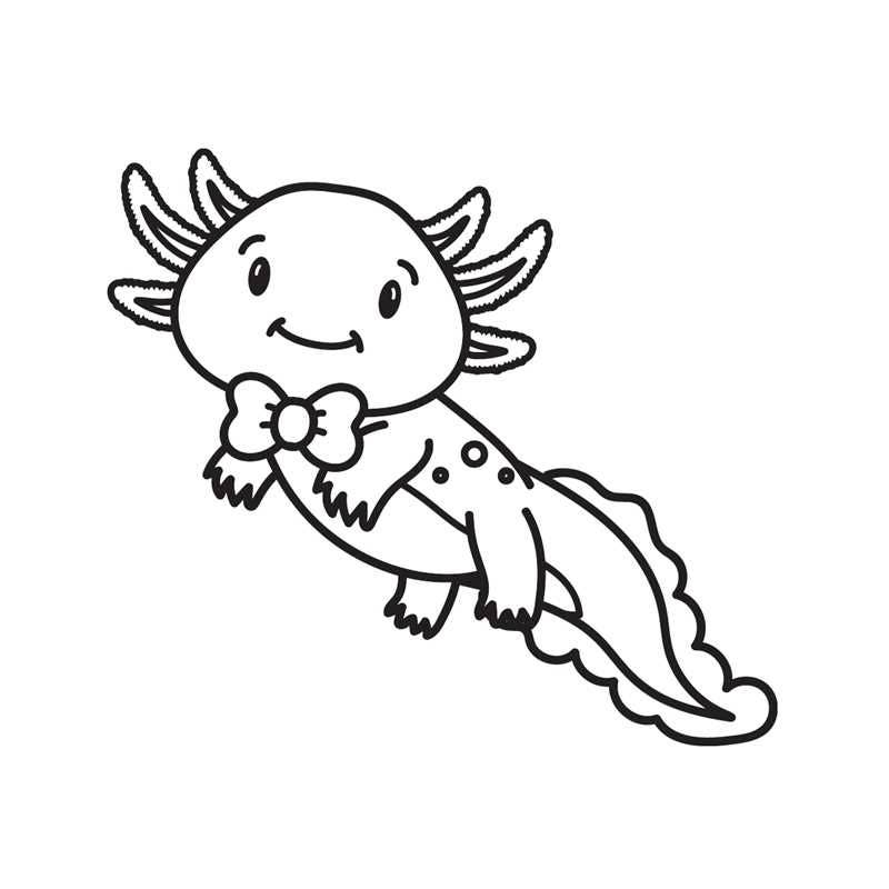Black and white line drawing of an axolotl with a bow tie on a white background