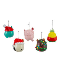 Set of five colorful Christmas-themed ornaments on a white background