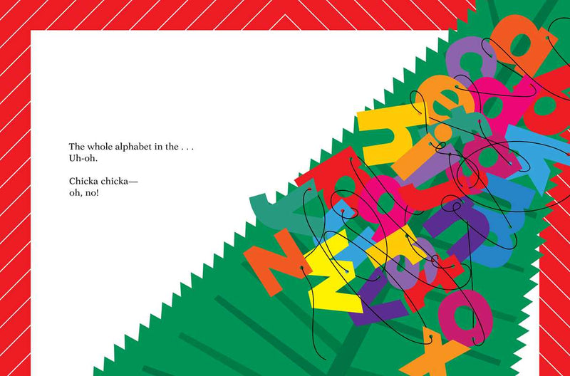 Colorful alphabet letters on a white background with a red border