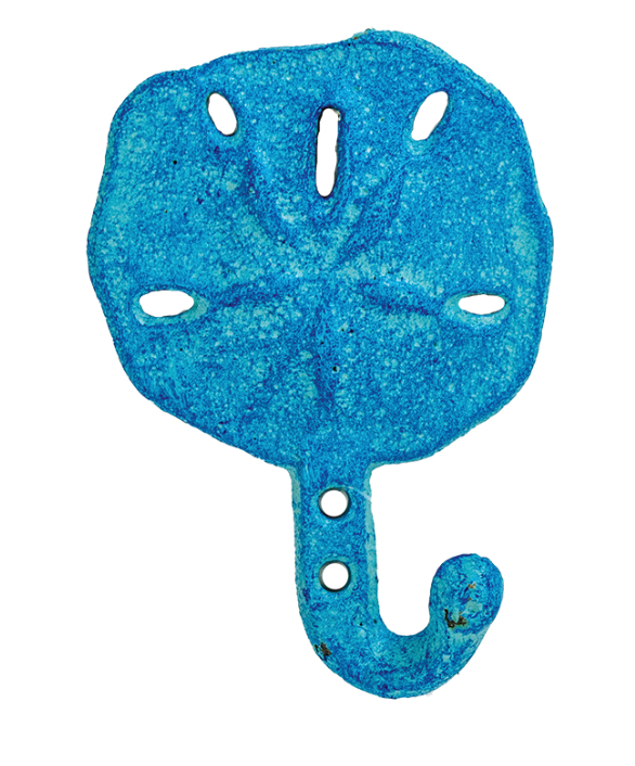 Beach blue metal sand dollar wall hook with textured finish and curved hanging hook for coastal décor.
