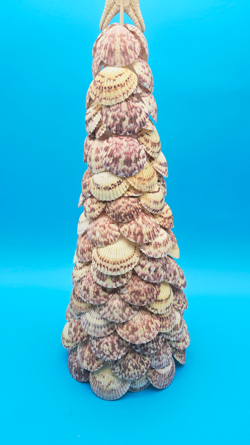 Nautical scallop shell tree standing upright with real starfish at the top.