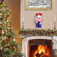 10 inch Beach Party Santa figurine displayed on Christmas mantel with fireplace and holiday garland