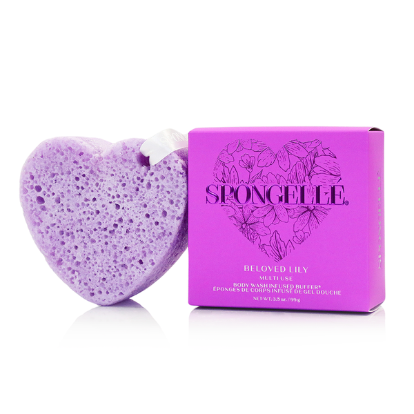 Beloved Lily heart-shaped body wash buffer by Spongellé with purple sponge and matching box