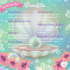 List of skincare benefits with a shell and flowers on a colorful background