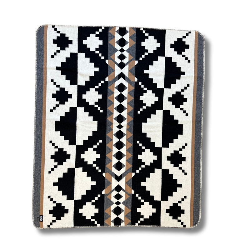 Full vertical view of the Black/Tan/Grey geometric alpaca blanket pattern.