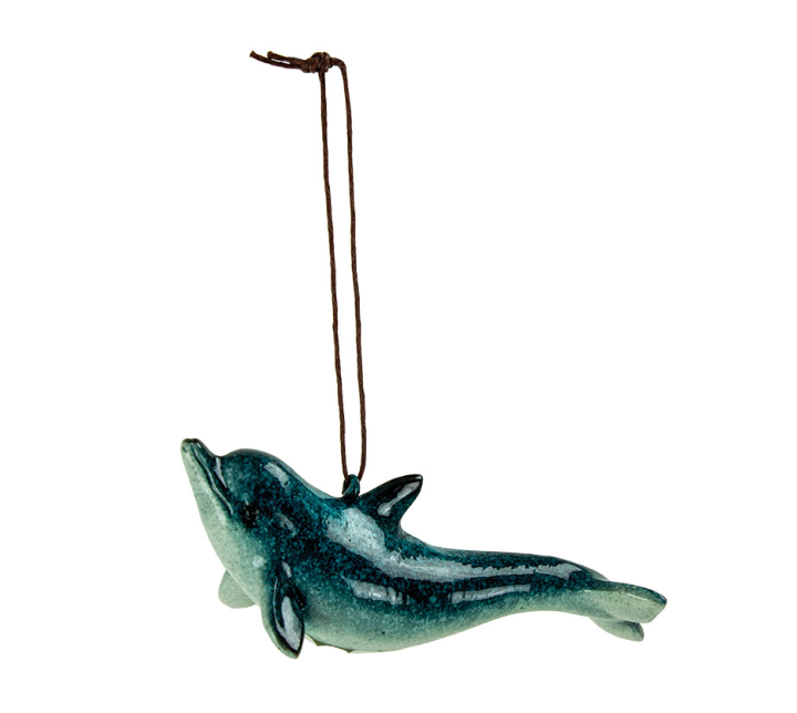 Blue resin dolphin ornament with glossy ocean finish and hanging cord for coastal or holiday décor.