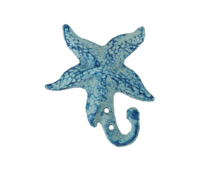 Blue metal starfish wall hook with textured coastal finish and curved hanging hook.