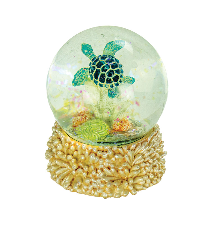 Blue sea turtle snow globe with coral reef base and clear glass dome for coastal décor.