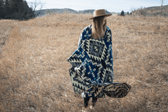 Alpaca wool throw blanket in blue Chakana geometric pattern - Andean home textile