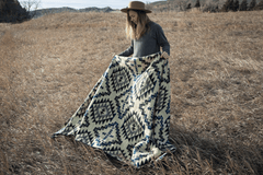 Alpaca wool throw blanket in blue Chakana geometric pattern - Andean home textile