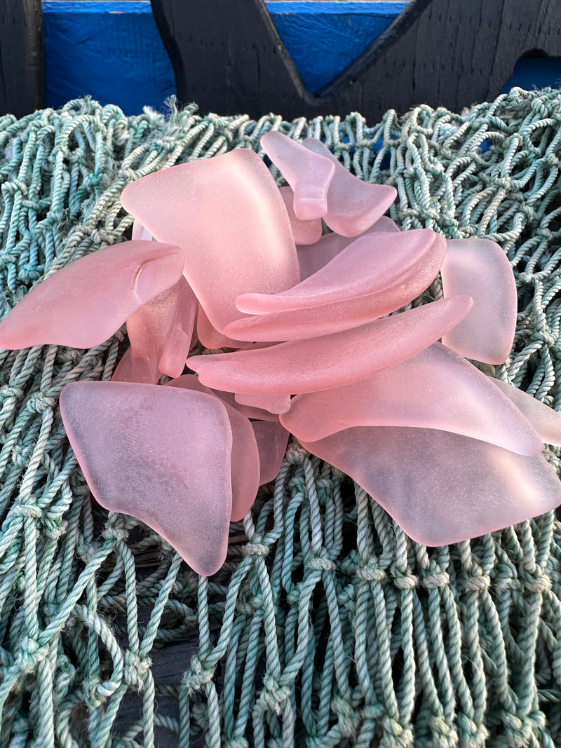 Rosey seaglass piled on top of a net.