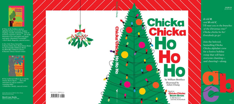 Book cover of 'Chicka Chicka Ho Ho Ho' with a Christmas tree and colorful decorations.