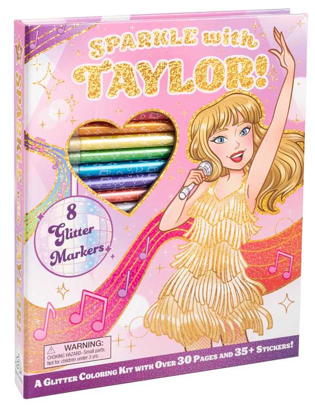 Coloring book titled 'Sparkle with Taylor!' featuring a character with glitter markers and a microphone.